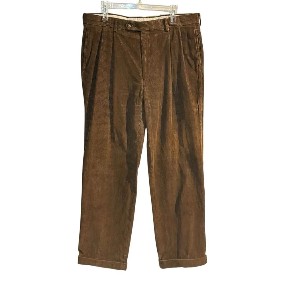 VTG Jos. A. Bank Mens Pants Green Corduroy Straight Cuffed Pleat Chinos Size 35